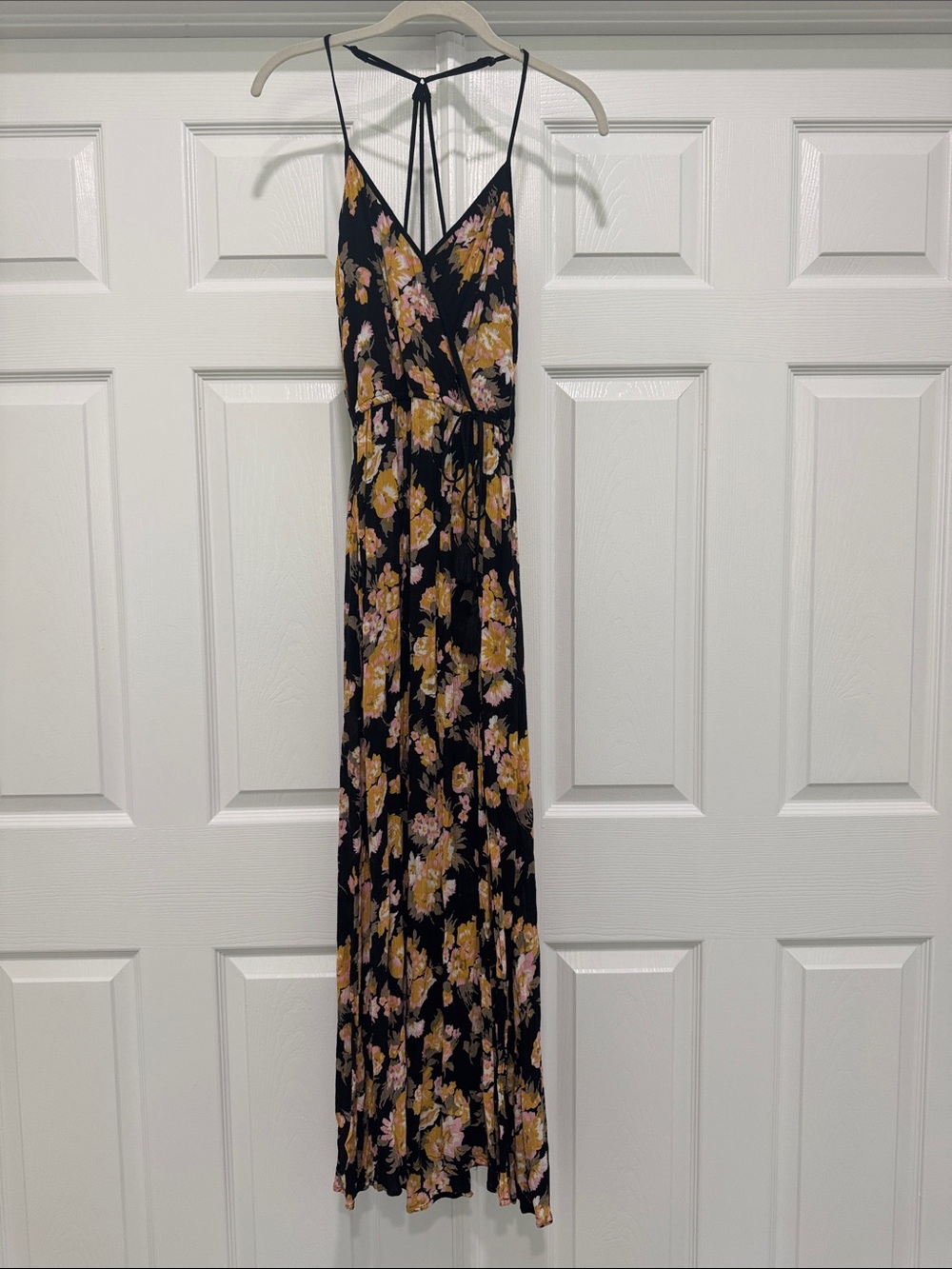 Band of Gypsies Black Maxi Dress with Pink and Mustard Floral Print